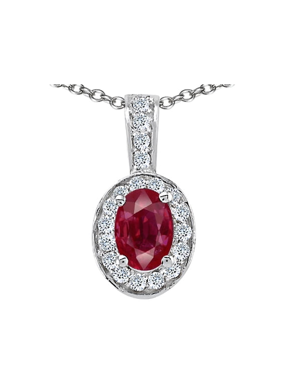 Genuine Ruby and Diamond Oval Pendant Necklace in 14 kt Yellow Gold Female Adult