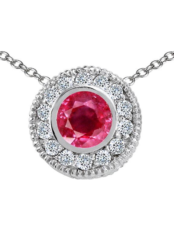 Genuine Ruby and Diamond Pendant Necklace in 14 kt White Gold Female Adult