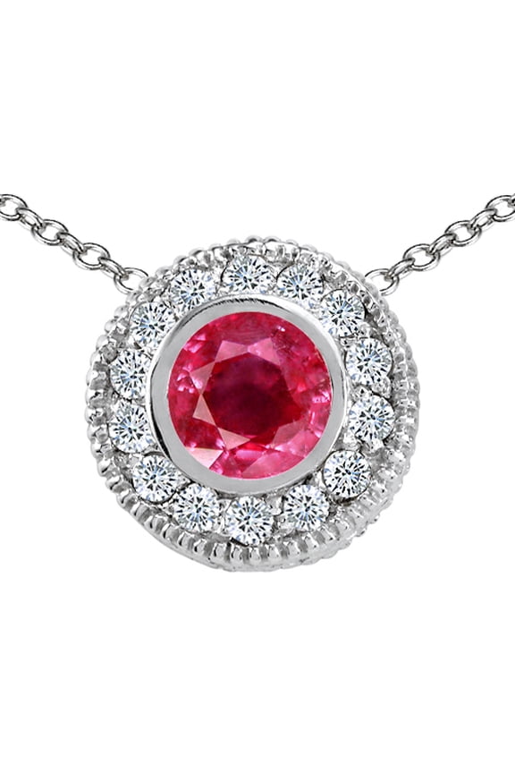 Genuine Ruby and Diamond Pendant Necklace in 14 kt White Gold Female Adult