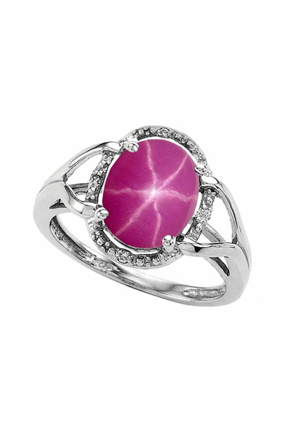 Oval 10x8mm Created Star Ruby Ring in 10 kt White Gold Size 4 Female Adult