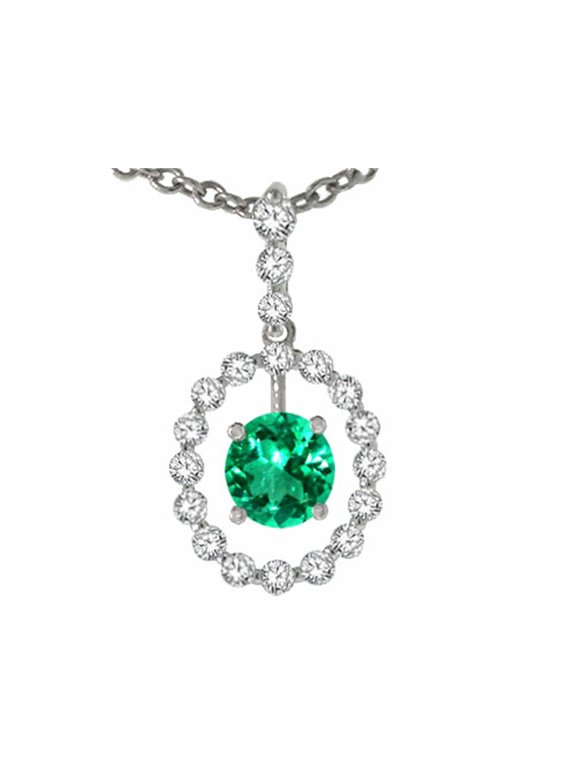 � Round 5 mm Genuine Emerald and Dimaond Pendant Necklace