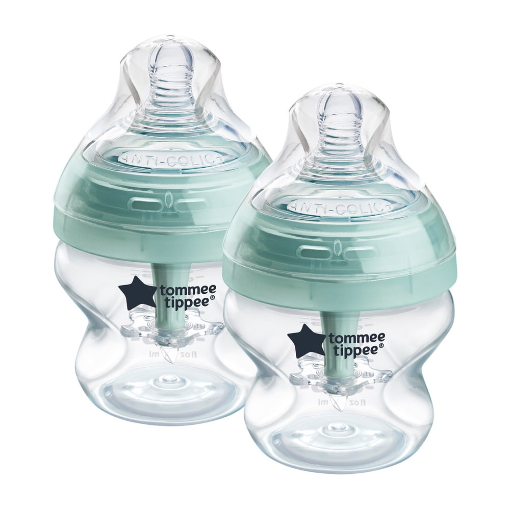 Tommee Tippee Advanced Anti-Colic Baby Bottles, 0 months plus, Pack of 2, 5oz Baby Bottles, with Slow Flow Breast-Like Nipple for Natural Latch, Self-Sterilizing and BPA Free