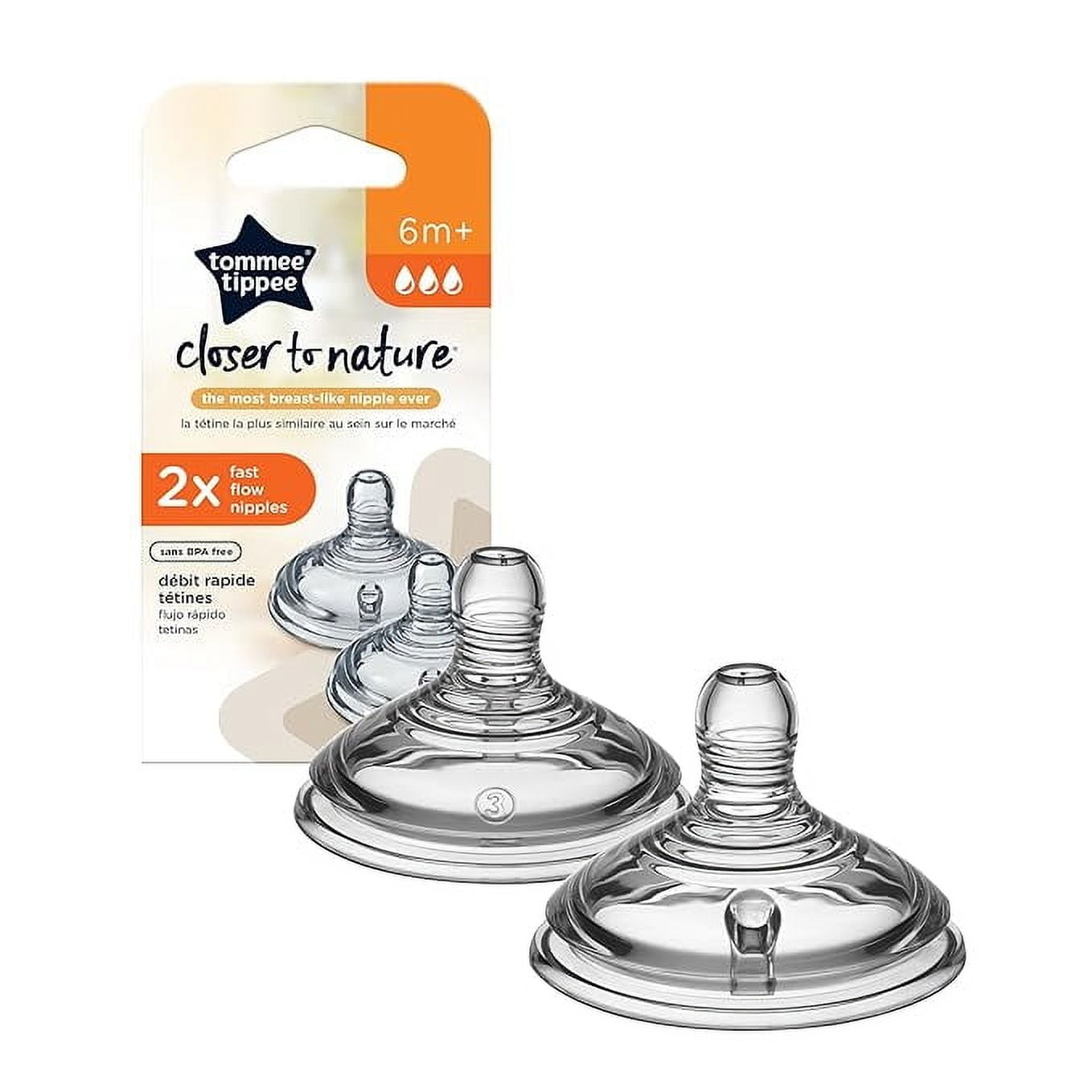 Tommee Tippee Closer to Nature Baby Bottle Nipples, Breast-like, Anti-Colic Valve, Soft Silicone, Fast Flow, 3m+, 2 Count