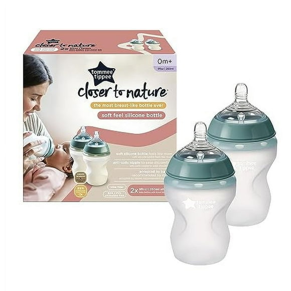 Tommee Tippee Closer to Nature Soft Feel Silicone Baby Bottles, Breast-Like Nipples, Anti Colic, Stain and Odor Resistant, 9oz, 2 Count
