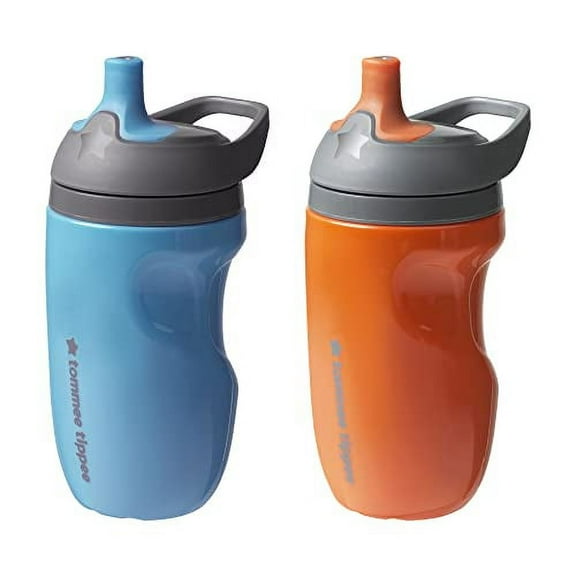 Tommee Tippee Insulated Sportee Bottle, Sippy Cup for Toddlers, 12 months+, 9oz, Spill-Proof, Easy to Hold Handle, Bite Resistant Spout, Pack of 2, Blue and Orange