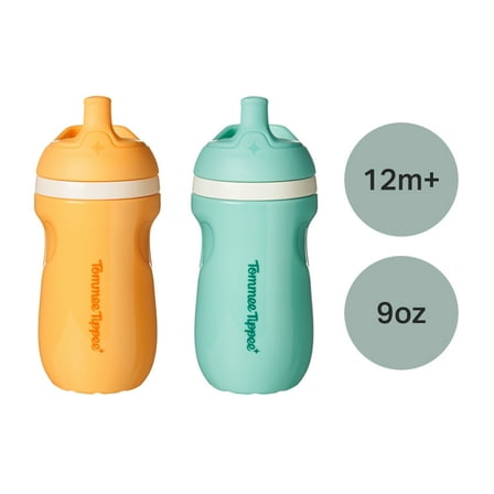 Tommee Tippee Insulated Sporty Spout Toddler Water Bottle, 1–3y, 9oz, No-Spill, Light Blue & Orange, Pack of 2
