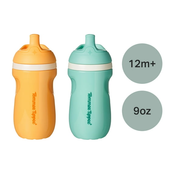 Tommee Tippee Insulated Sporty Bottle, 9oz, 12 Months+, No Spill Toddler Water Bottle, Two-Piece Valve Helps Stop Spills, Blue & Orange, 2 Count