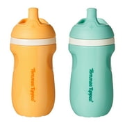 Tommee Tippee Insulated Sporty Bottle, 9oz, 12 Months+, No Spill Toddler Water Bottle, Two-Piece Valve Helps Stop Spills, Blue & Orange, 2 Count
