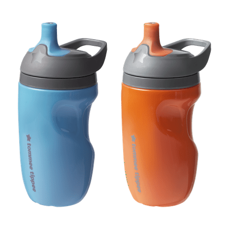 Tommee Tippee Insulated Sporty Sippy Toddler Water Bottle with Handle 12 Months+, 2 Pack, Blue & Orange