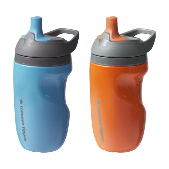 Tommee Tippee Insulated Sporty Spout Bottle, 9oz, No Spill Toddler Water Bottle For 12 months +, Two-Piece Valve Helps Stop Spills, Blue & Orange, 2 count