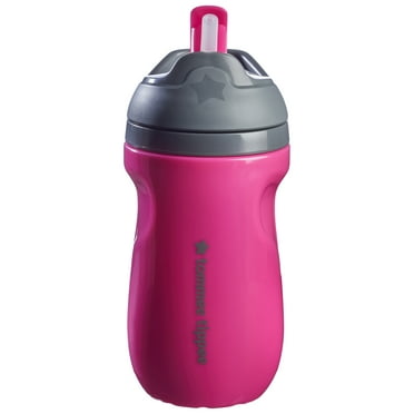 Tommee Tippee Insulated Sporty Straw Bottle, 9oz, 12 Months   Spill Proof Toddler Water Bottle, Flip Lid Helps Keep Straw Clean, Pink, 1 count