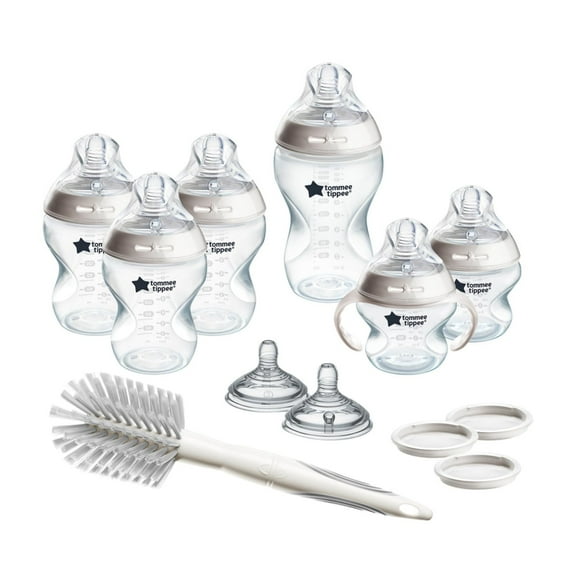 Tommee Tippee Natural Start 12 Piece BPA Free Bottle Set, Includes 2 x 5 oz, 3 x 9 oz, 1 x 11 oz Bottles, Newborn 0+ Months, Slow, Medium & Thicker Flow Breast-Like Nipples, Cleaning Brush, Clear