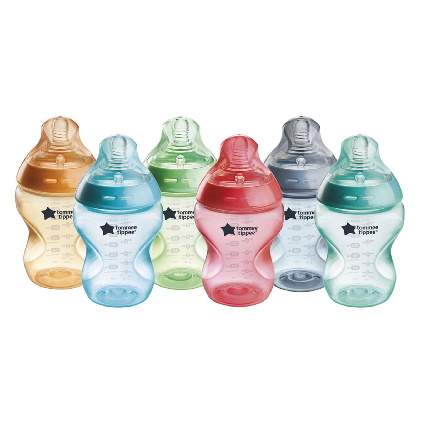 Tommee Tippee Natural Start Anti-Colic Colorful Baby Bottles, 9oz, 0 month+, Slow-Flow Breast-Like Nipple for a Natural Latch, Anti-Colic Valve, Fiesta, Pack of 6