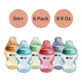 Tommee Tippee Natural Start Anti-Colic Colorful Baby Bottles, 9oz, 0 month+, Slow-Flow Breast-Like Nipple for a Natural Latch, Anti-Colic Valve, Fiesta, Pack of 6