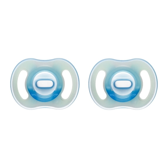 Tommee Tippee Ultra-light StayPut NightGlow Pacifier, 6-18 Months, 2 Pack, Soft Skin Feel, Extra Air Flow