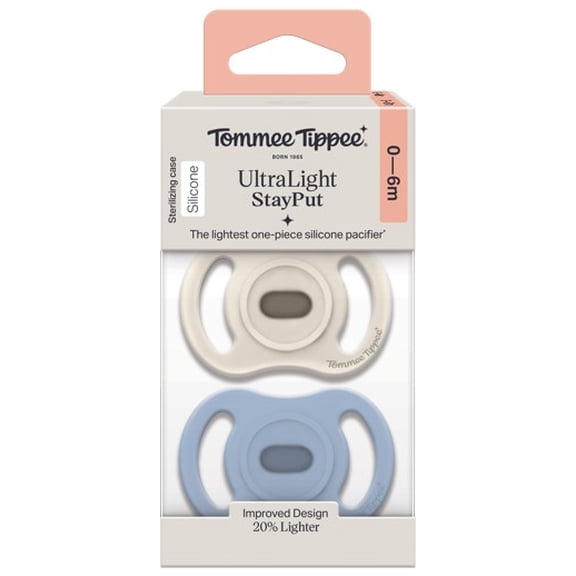 Tommee Tippee Ultra-light Stayput Pacifier, 0-6 Months, One-Piece Silicone Design, 2 Pack