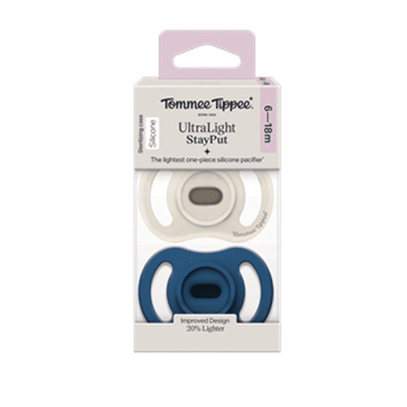 Tommee Tippee Ultra-light Stayput Pacifier, 6-18 Months, One-Piece Silicone Design, 2 Pack