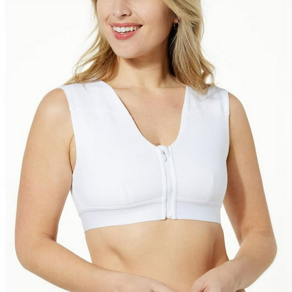 Tommie Copper Shoulder Support Compression Bra with Front Zipper Closure Wireless Posture Corrector & Back Support Bra UPF 50 White Size "L"