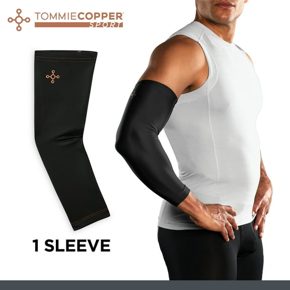 Tommie Copper Sport Spandex Compression Arm Sleeve, Black, Adult Small/Medium, Copper and Zinc Infused, 1 per pack
