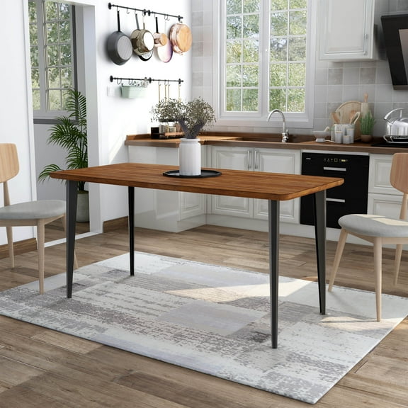 Tommie Solid Wood 60" Rectangle Dining Table, Dark Oak and Black