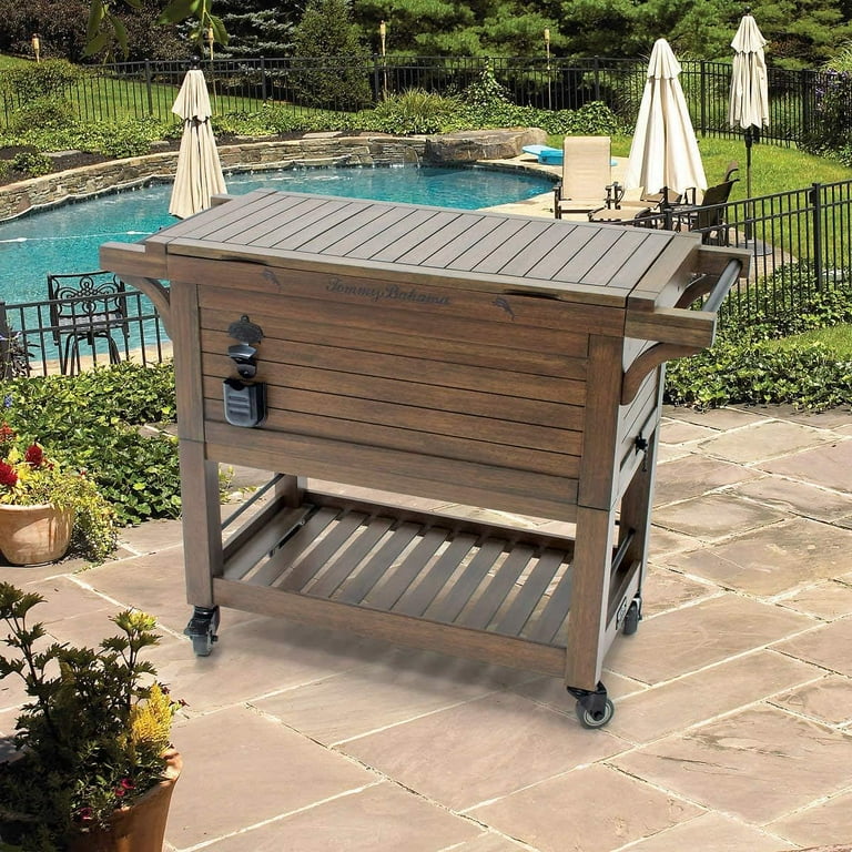 Tommy Bahama 100 Quart Rolling Wood Cooler, Outdoor Ice Chest Cart