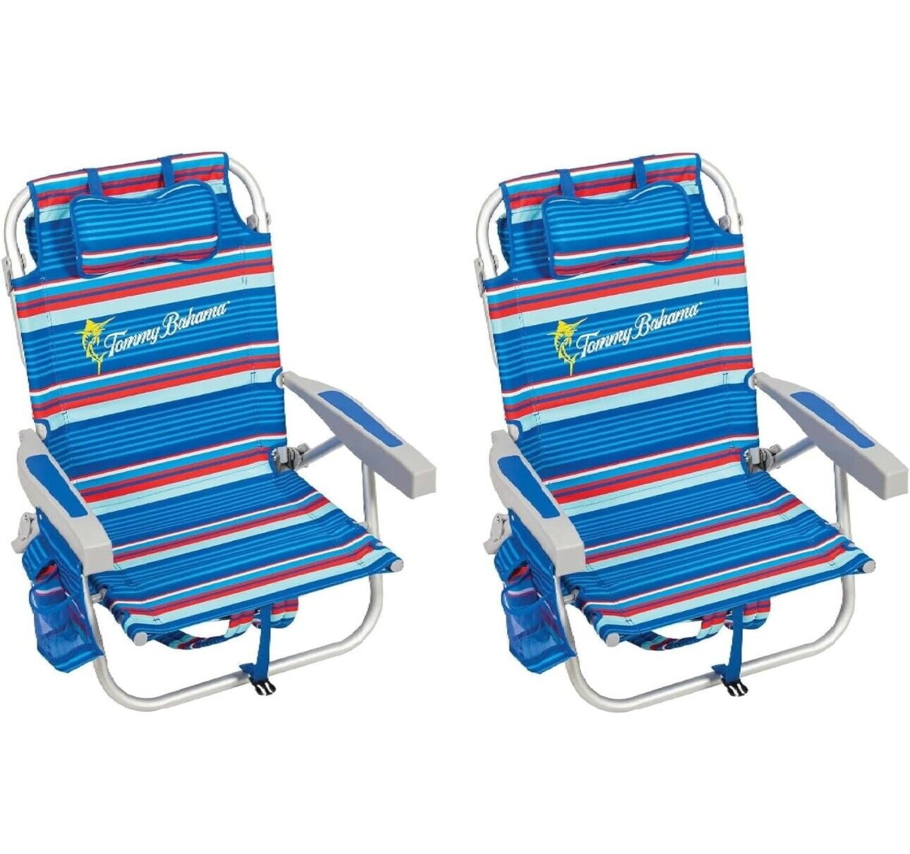 Tommy Bahama 2 Reclining Positions Beach Chair with Cell Phone Holder - Set of 2, Blue Stripes - Walmart.com