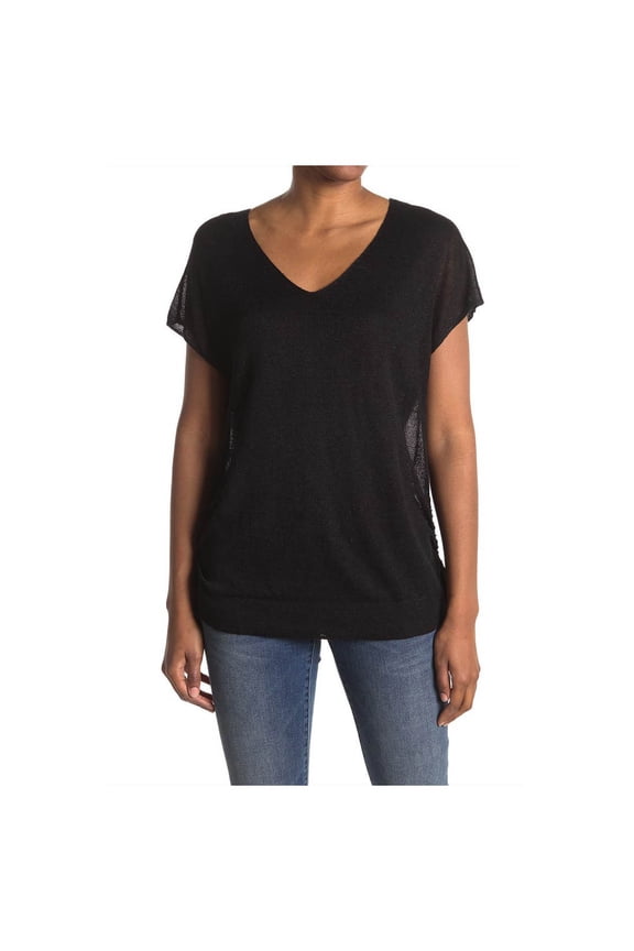 Alana Linen Side Tie V-Neck Shirt, Black, Small