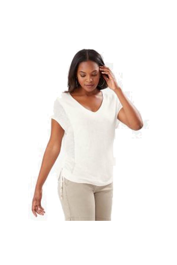 Alana Linen Side Tie V-Neck Shirt, Coconut, Small