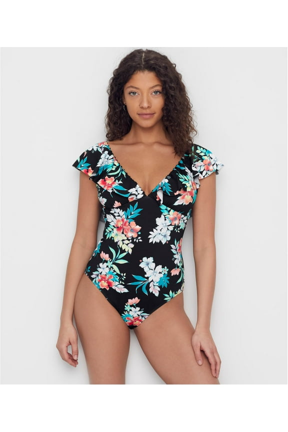BLACK Floral Springs Flounce Smoothing One Piece Swimsuit, US 6