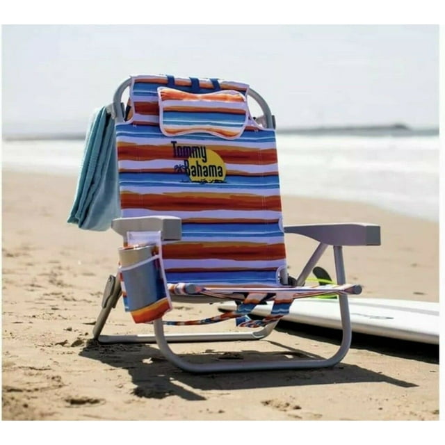 Tommy Bahama Backpack Beach Chair-New 2022 Designs-5-Position Classic Lay Flat-Insulated Cooler Towel Bar-Storage Pouch Tropical Sunset
