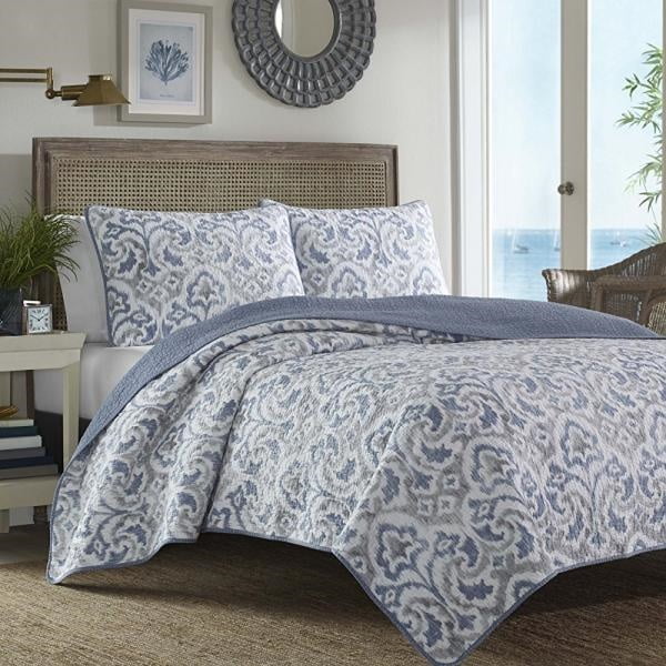 Tommy Bahama Cape Verde Collection 100% Cotton Reversible & Light-Weight Quilt Bedspread with Matching Shams, 3-Piece Bedding Set, Pre-Washed for Extra Comfort, King, Smoke