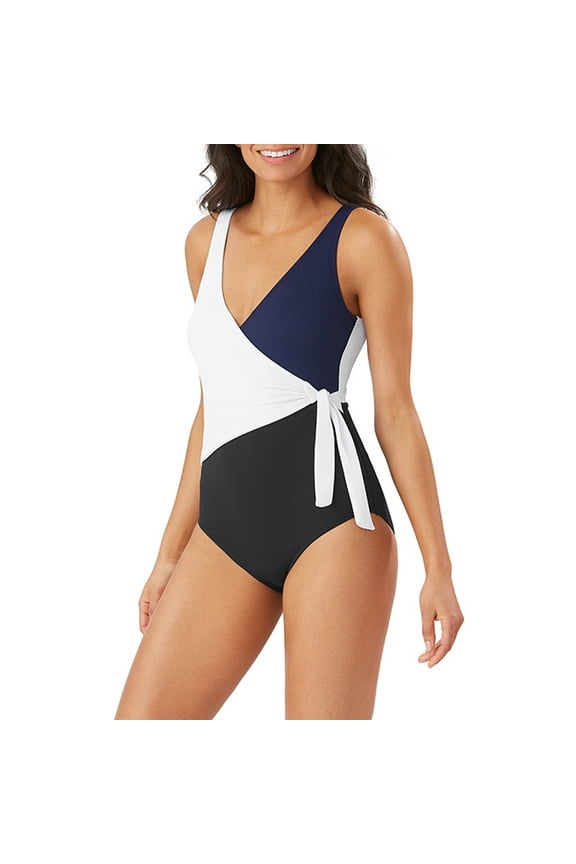 Color Block Scoop Back One Piece Swimsuit, Black, 4