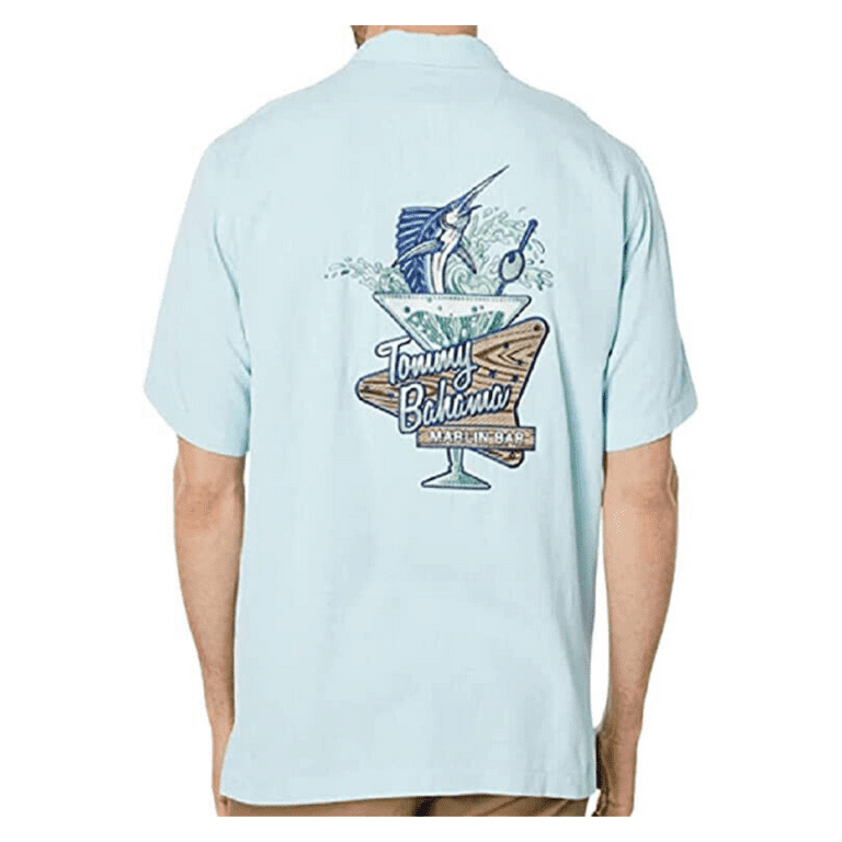 Tommy Bahama Embroidered Marlin Bar Silk Camp Shirt Color Blue Opal Size S