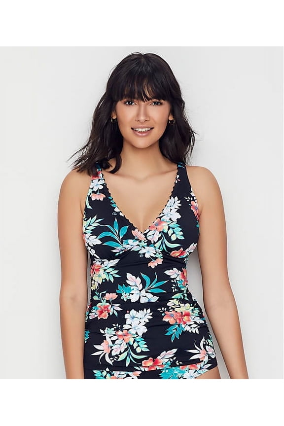 Floral Springs Wrap Tankini Top, Black, Small