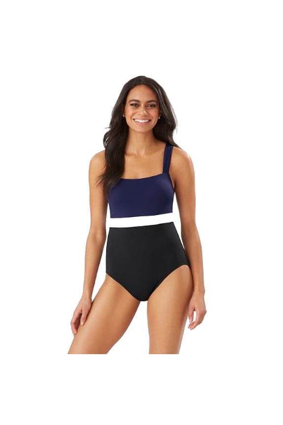 Island Cays Colorblock Square-Neck One-Piece Swimsuit, Black, 14