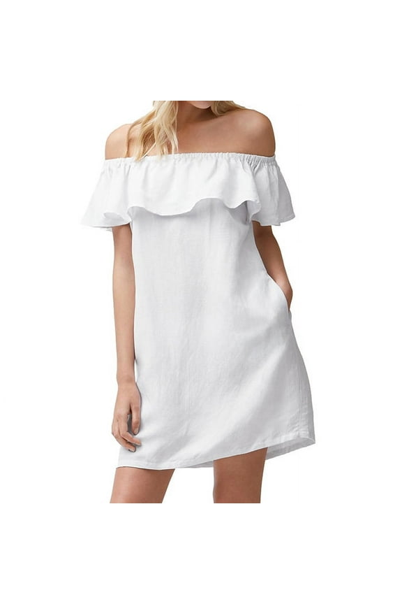 Linen Off The Shoulder Dress Cover Up, White, XX-Small