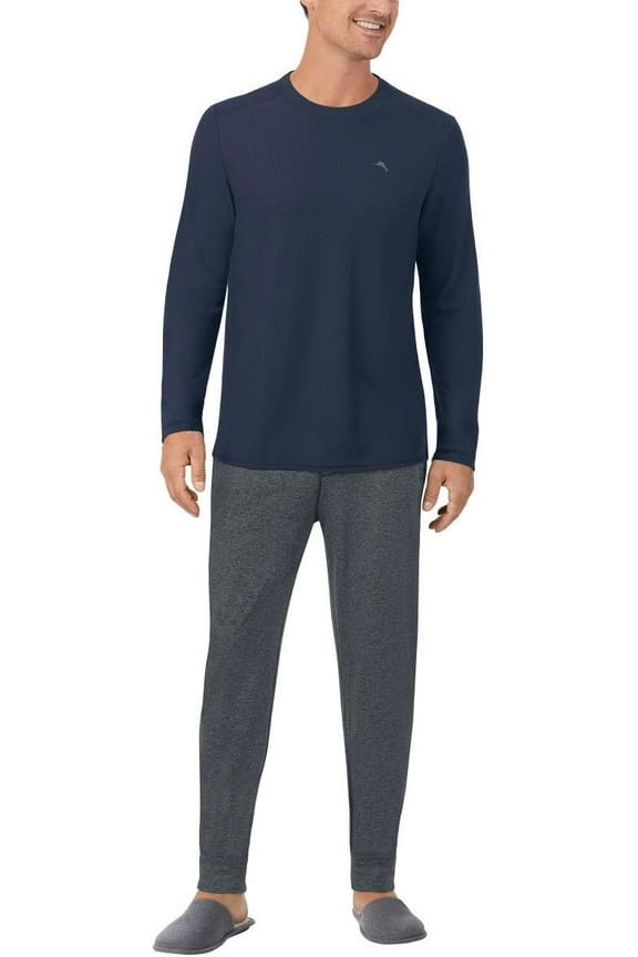 Mens 2-piece Relaxed Fit Logo Embroidered Lounge Set (Blue,Small)