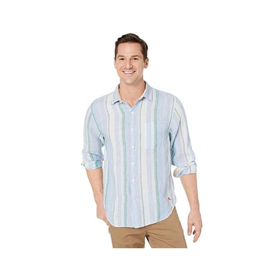 Tommy Bahama Men's Break Line Stripe Linen Shirt (Zephyr Blue, Medium)