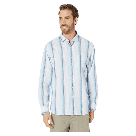 Tommy Bahama Men's Corsica Stripe Stretch-Linen Shirt (White, Medium)