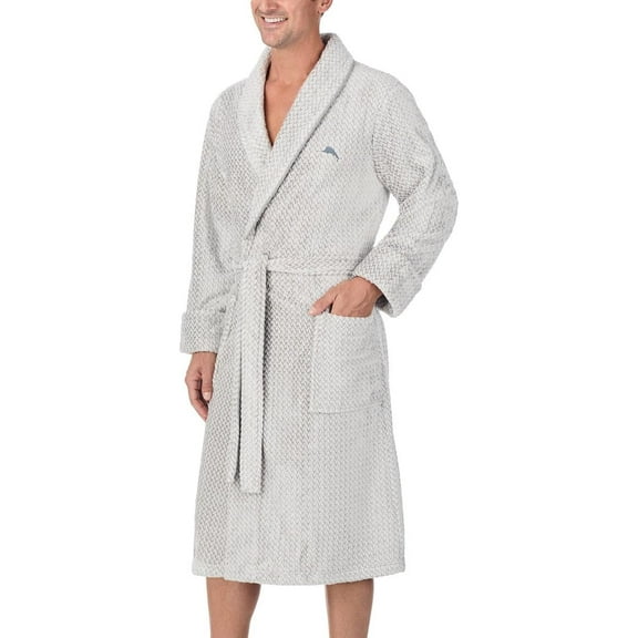 Tommy Bahama Men’s Plush Cuffed Sleeves Shawl Collar Embroidered Logo Robe (Gray/Large-X-Large)