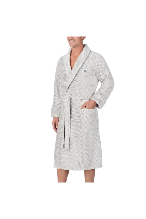 Men’s Plush Cuffed Sleeves Shawl Collar Embroidered Logo Robe (Gray/Small-Medium)