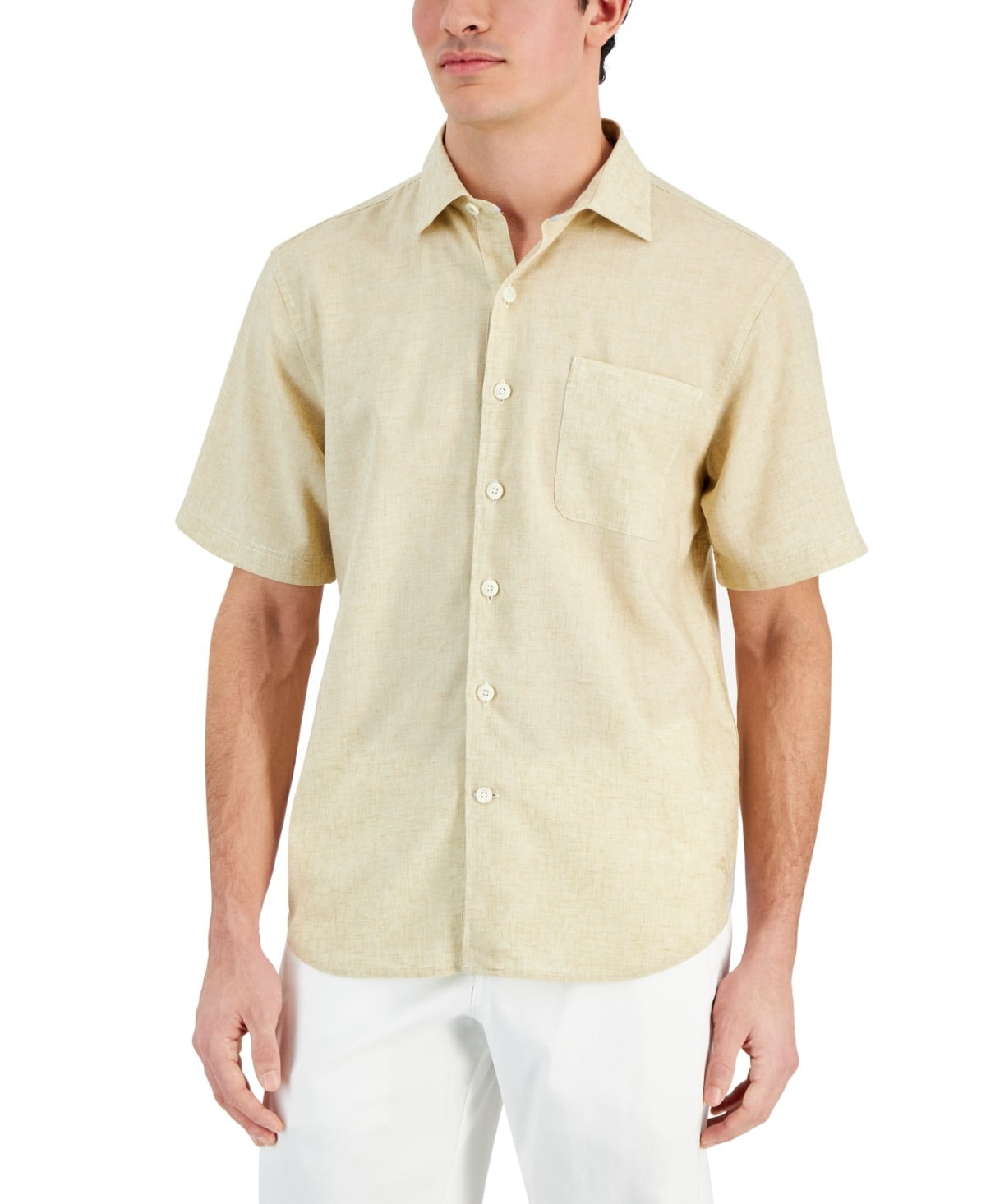 Tommy Bahama Mens Regular fit Short Sleeve Button-Up Shirt Medium Beige Solid