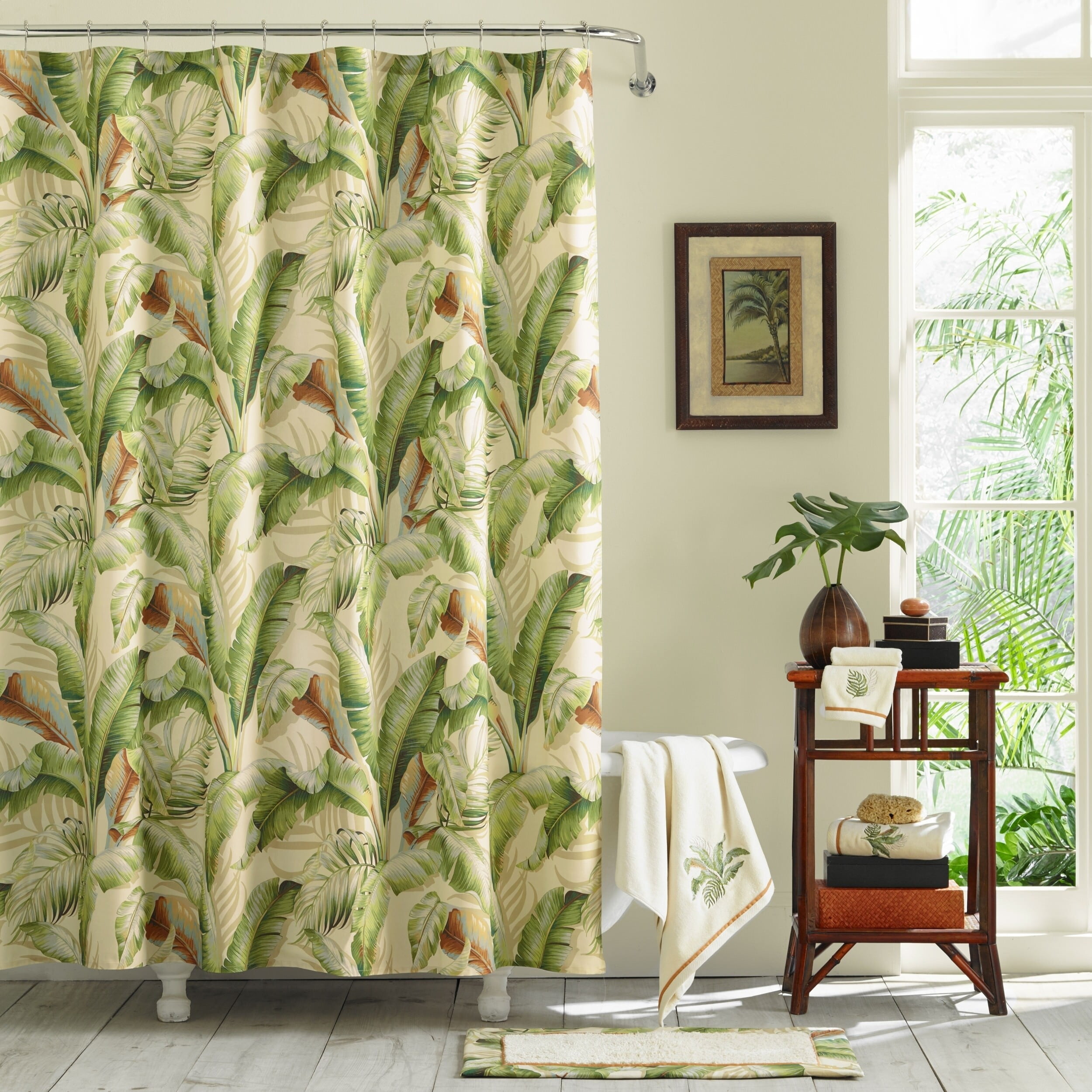 Palmiers Green and Beige Cotton Tropical Shower Curtain 72" x 72"