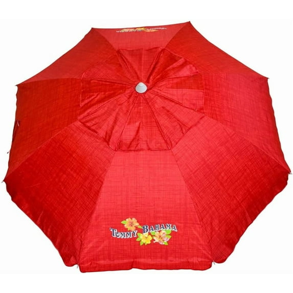Tommy Bahama 7 ft red striped beach umbrella with tilting mechanism and sand anchor