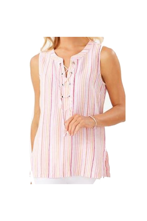 Vitamin Sea Stripe Linen Sleeveless Tunic, Pink Peach, S