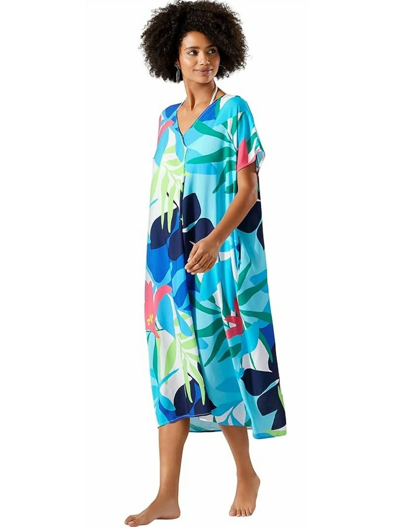 (取寄) トミーバハマ レディース カフタン  Bahama women Caftan White Blue Floral Tommy Bahama WHITE MULTI Paloma Palms Kaftan Tunic Swim Cover-Up