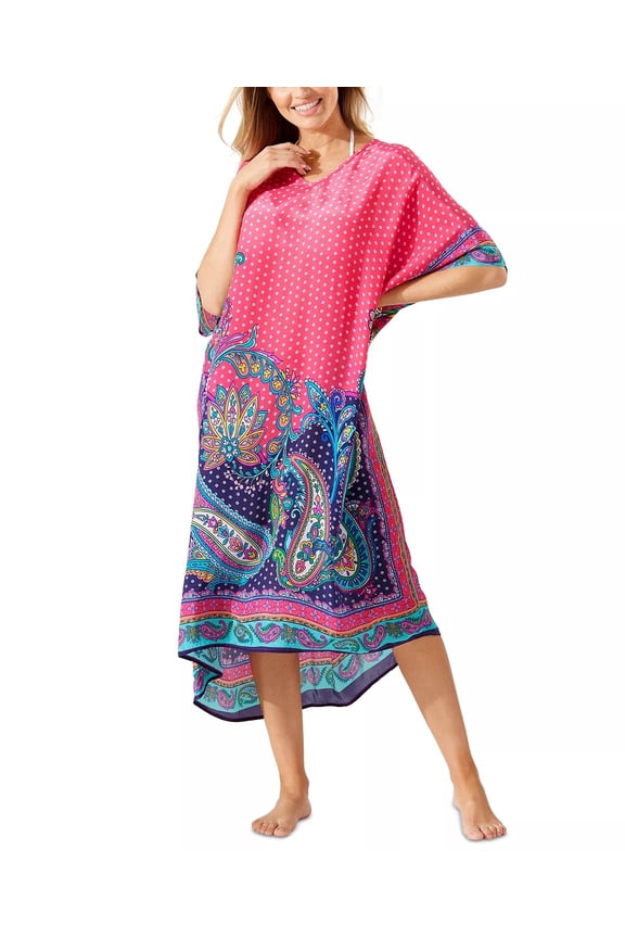 Women's Paisley Keys Print V Neck Caftan Cover Up Dress Pink Size 34X16