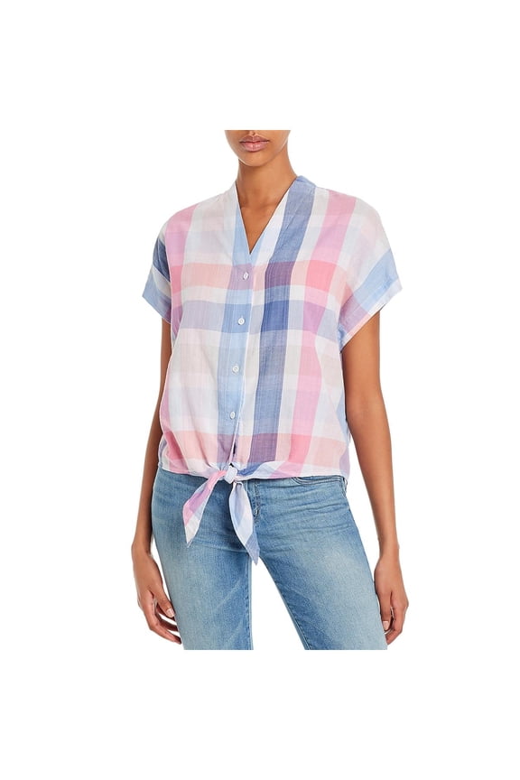 Womens Plaid Tie Front Button-Down Top Blue S
