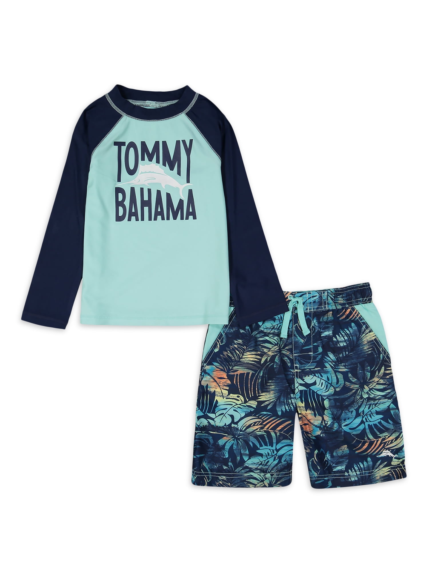 Tommy Bahamas Boys Long Sleeve Rash Guard & Swim Trunks, 2 Piece Set