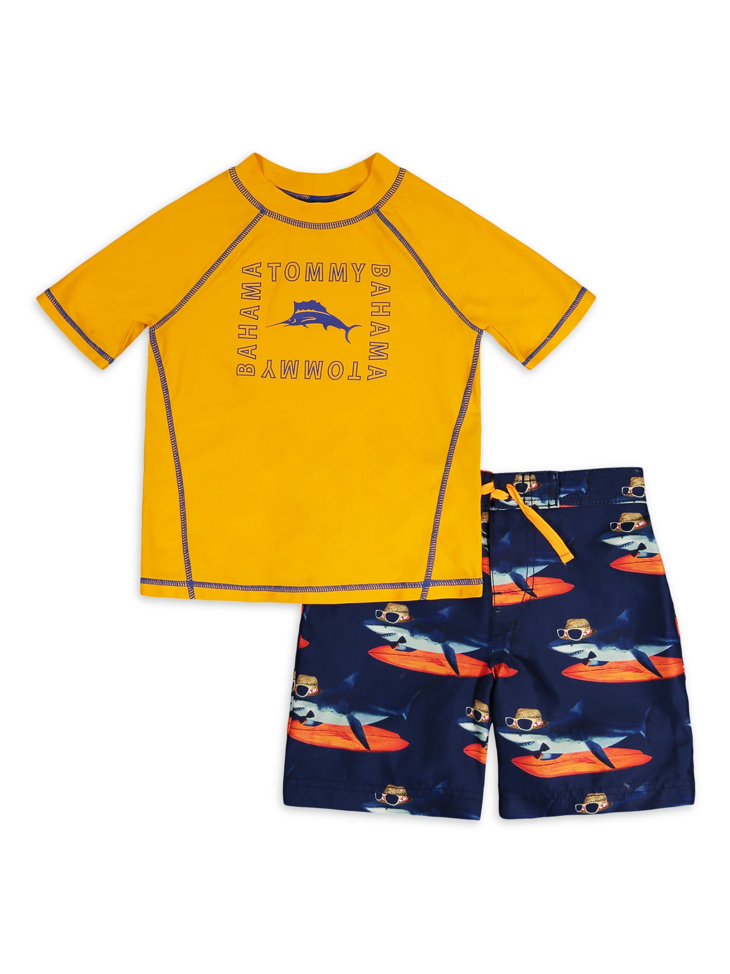 Tommy Bahamas Boys Short Sleeve Rash Guard & Swim Trunks, 2 Piece Set